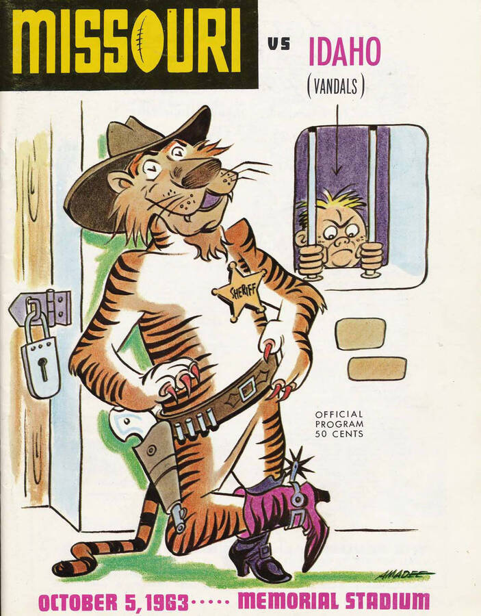 Official souvenir program of the Idaho - University of Missouri football game, Saturday, October 05, 1963, Memorial Stadium, Columbia (Missouri). Cover depicts picture of a sheriff tiger with a Vandal locked up in jail.