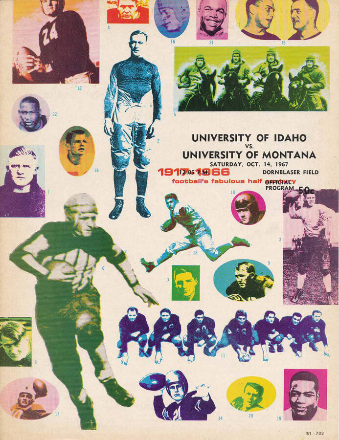 Official souvenir program of the Idaho - University of Montana football game, Saturday, October 14, 1967, Dornblaser Field, Missoula (Montana). Cover depicts picture of football players in various stances.
