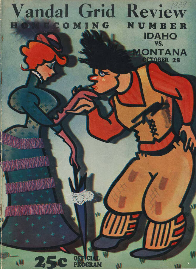 Official souvenir program of the Idaho - University of Montana football game, Saturday, October 28, 1933, Neale Stadium, Moscow (Idaho). Homecoming game. Cover depicts a male cartoon character kissing a lady cartoon character's hand.
