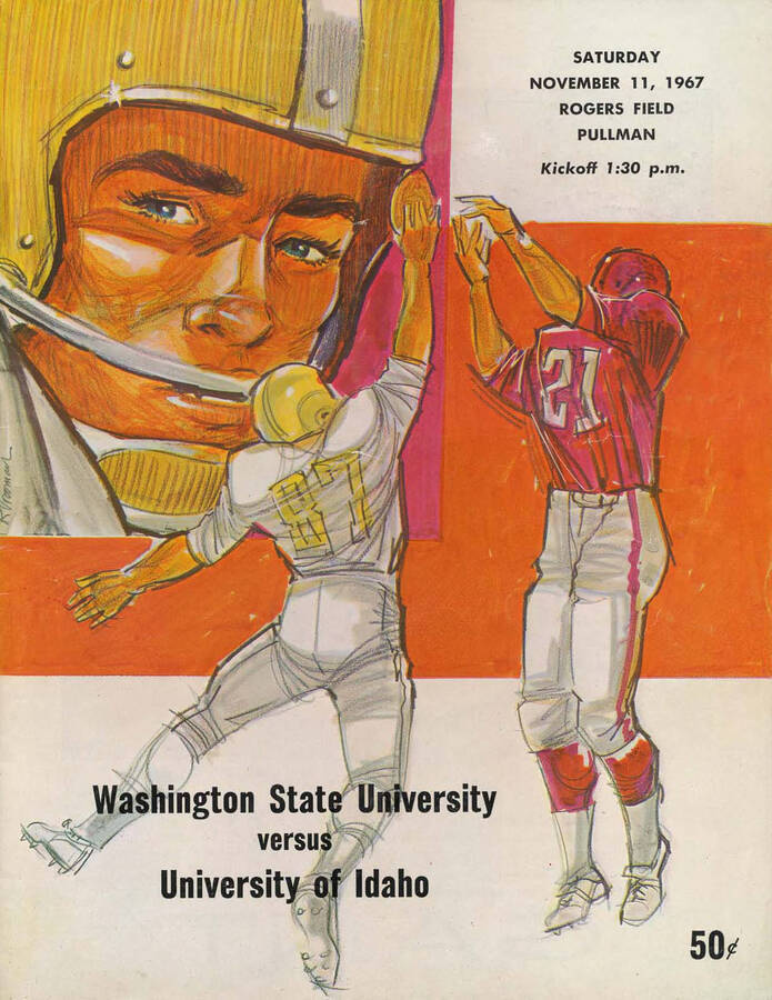 Official souvenir program of the Idaho - Washington State University football game, Saturday, November 11, 1967, Rodgers Field, Pullman (Washington). Cover depicts a cartoon picture of two football players one in a yellow uniform and the other in a red uniform.