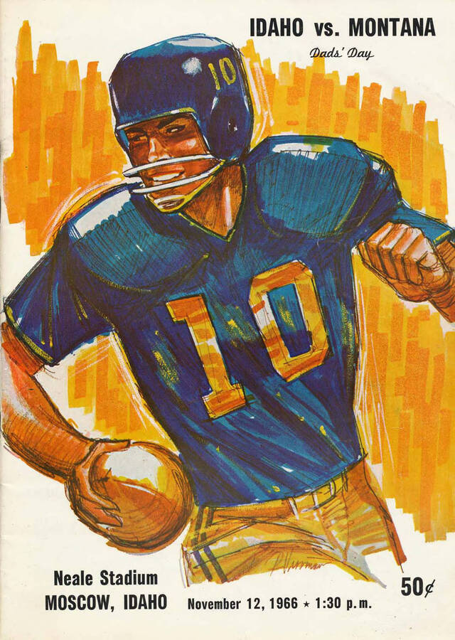 Official souvenir program of the Idaho - University of Montana football game, Saturday, November 12, 1966, Neale Stadium, Moscow (Idaho). Dad's Day. Cover depicts a football player in a blue uniform running with a football.