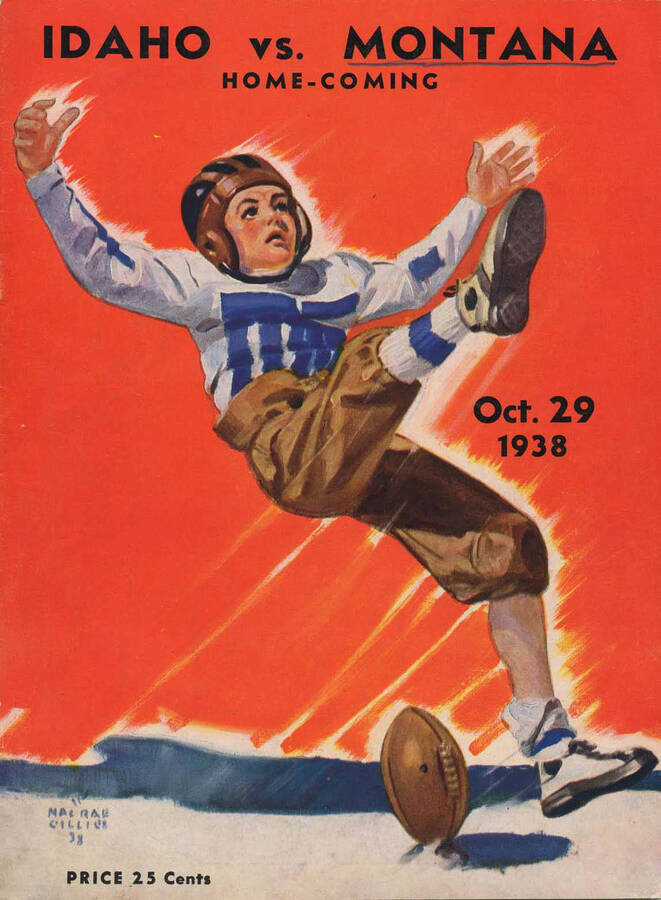 Official souvenir program of the Idaho - Montana State University football game, Saturday, October 29, 1938, Neale Stadium, Moscow (Idaho).  Homecoming. Cover depicts a picture of a very young player completely missing a punt and falling backwards.