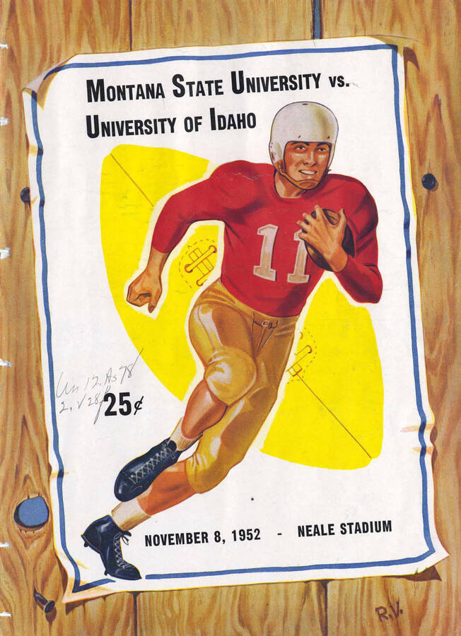 Official souvenir program of the Idaho - Montana State University football game, Saturday, November 08, 1952, Neale Stadium, Moscow (Idaho). Cover depicts a picture of a football player in a red uniform carrying a football.