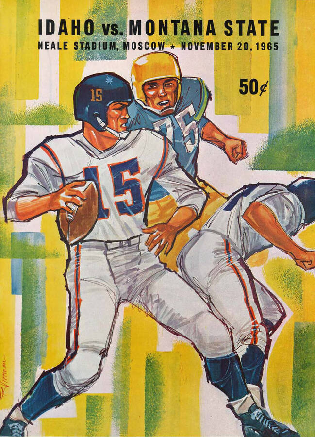 Official souvenir program of the Idaho - Montana State University football game, Saturday, November 20, 1965, Neale Stadium, Moscow (Idaho). Cover depicts a picture of two football players in white uniforms and one in a blue uniform about to tackle the player with the ball.