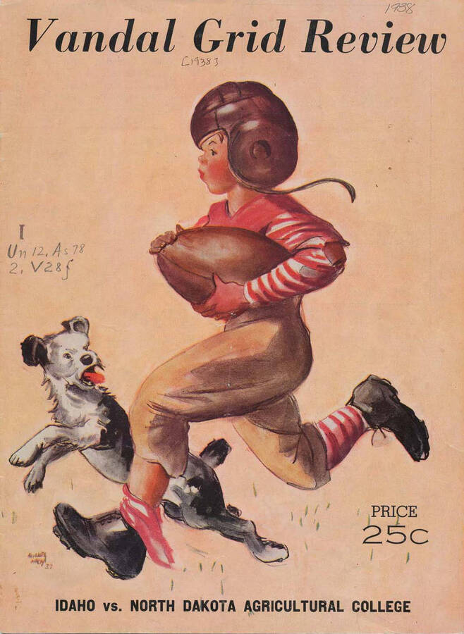 Official souvenir program of the Idaho - North Dakota State football game, Saturday, October 8, 1938, Neale Stadium, Moscow (Idaho). Cover depicts a picture of a very young football player running with a ball alongside a dog.