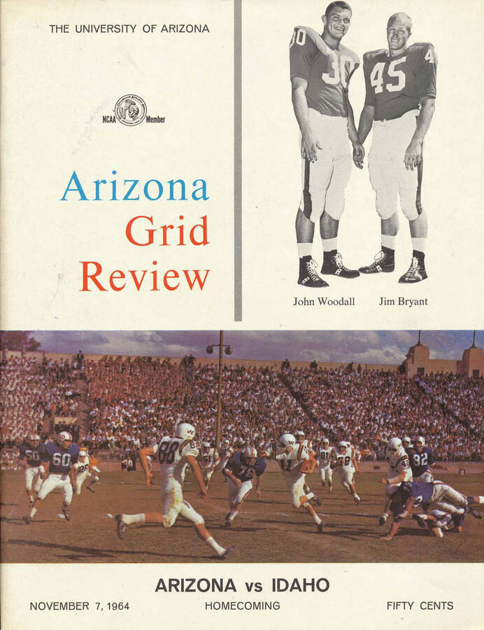 Official souvenir program of the Idaho - University of Arizona football game, Saturday, November 07, 1964, Arizona Stadium, Tucson (Arizona). Homecoming.  Cover depicts pictures of football players John Woodall and Jim Bryant standing together, and a picture of a play in action.