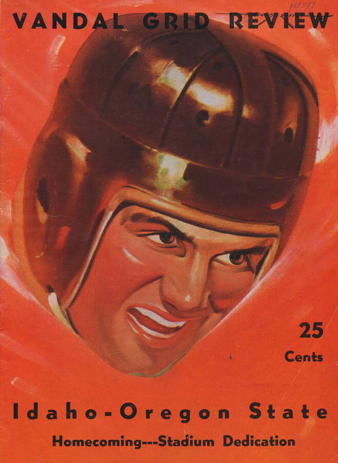 Official souvenir program of the Idaho - Oregon State College football game, Saturday, October 18, 1952, Neale Stadium, Moscow (Idaho). Homecoming. Cover depicts a picture of the head of a football player wearing a helmet.