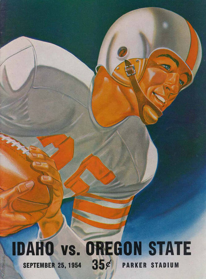 Official souvenir program of the Idaho - Oregon State football game, Saturday, September 25, 1954, Parker Stadium,Corvallis (Oregon). Cover depicts a picture of a football player wearing a helmet and a gray uniform, with a ball in a safety hold.