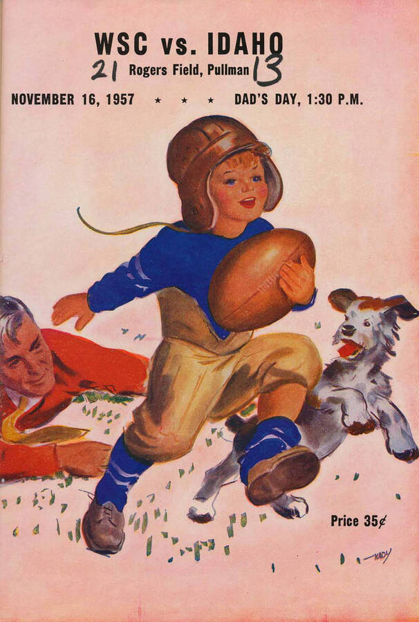 Official souvenir program of the Idaho - Washington State University football game, Saturday, November 16, 1957, Rodgers Field, Pullman (Washington).  Dad's Day. Cover depicts a cartoon drawing of a little boy playing football with his dad and dog in honor of Dad's Day.