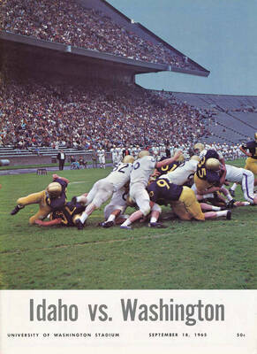 Official souvenir program of the Idaho - University of Washington football game, Saturday, September 18, 1965, University of Washington Stadium, Seattle (Washington). Cover depicts a picture of a dog pile about to go down in the middle of the feel from tackling.