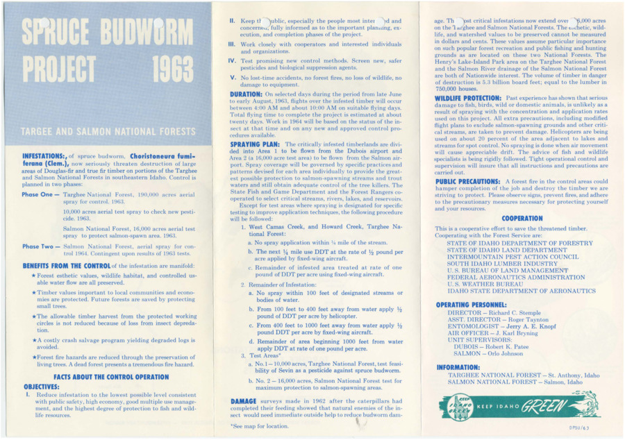 An informational flyer covering briefly the history of Spruce Budworm infestation and control.  Also pictured is a life cycle chart of the Spruce Budworm as well as a map of the spray testing area.