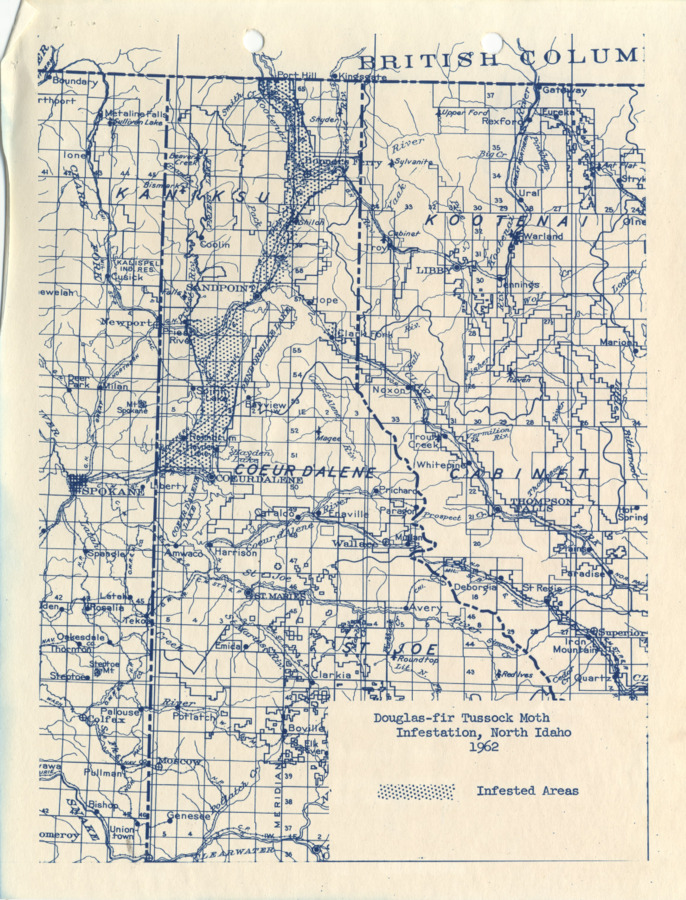 A map showing the areas infested with Douglas-fir Tussock Moth in northern Idaho in 1962.