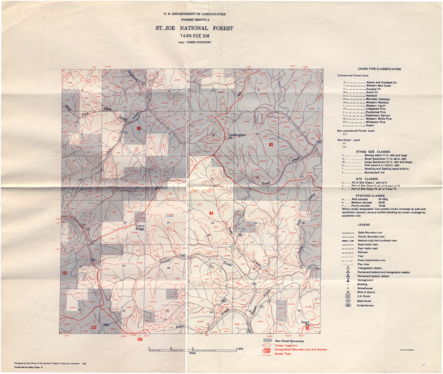 A timber inventory map of the St. Joe National Forest.  Map number T44N R2E BM.