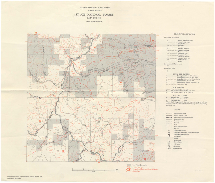 A timber inventory map of the St. Joe National Forest.  Map number T44N R3E BM.