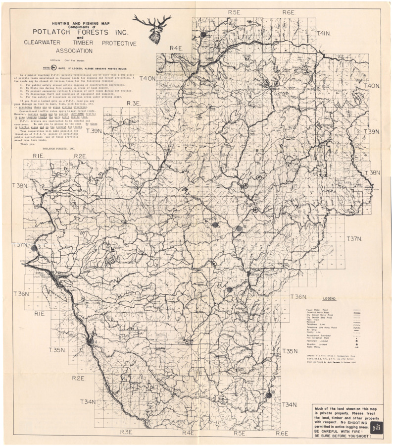 A hunting and fishing map compliments of Potlatch Forests Inc. and Clearwater Timber Protective Association.  Side 1.