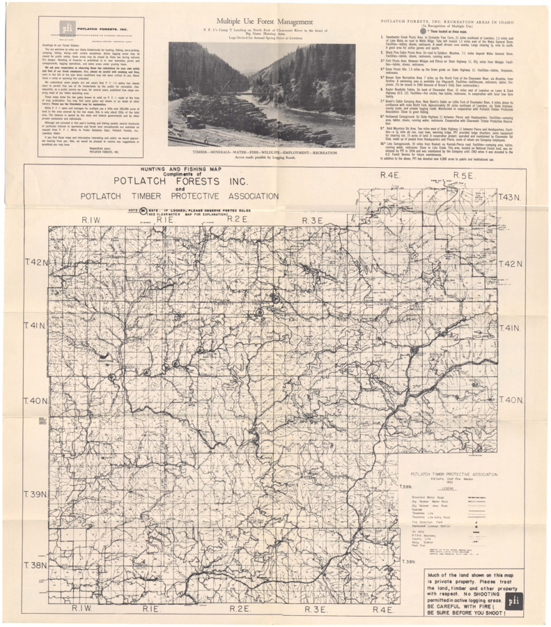 A hunting and fishing map compliments of Potlatch Forests Inc. and Clearwater Timber Protective Association.  Side 2.