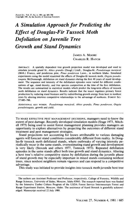 A spatially dependent tree growth projection model was developed and used to simulate juvenile grand fir, Abies grandis (Dougl.) Lindl., Douglas-fir, Pseudotsuga menziesii (Mirb.) Franco, and ponderosa pine, Pinus ponderosa Laws., in northern Idaho. Simulated experiments using the model examined the effects of Douglas-fir tussock moth, Orgyia pseudotsugata McDunnough, defoliation on stand dynamics during the first 40 years of stand development. The sequence and intensity of the defoliation episodes were varied for different combinations of age, stand density, and tree species composition at the time of the first defoliation. The results are summarized in statistical models which predict the long-term effects of tussock moth defoliationon stand dynamics. Results indicate that the insect regulates primary forest production by reducing stand biomass and by redistributing growth energy from host to nonhost trees by altering intertree competitive relationships to the advantage of nonhosts.