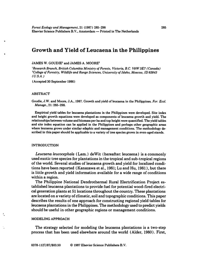 Empirical yield tables for leucaena plantations in the Phillippines were developed. Site index and height growth equations were developed as components of leucaena growth and yield. The relationships between volume and biomass per ha and top height were quantified. The yield tables and site index equation can be applied in the Phillippines and perhaps other geographic areas where leucaena grows under similar edaphic and management conditions. The methodology described in this paper should be applicable to a variety of tree species grown in even-aged stands.