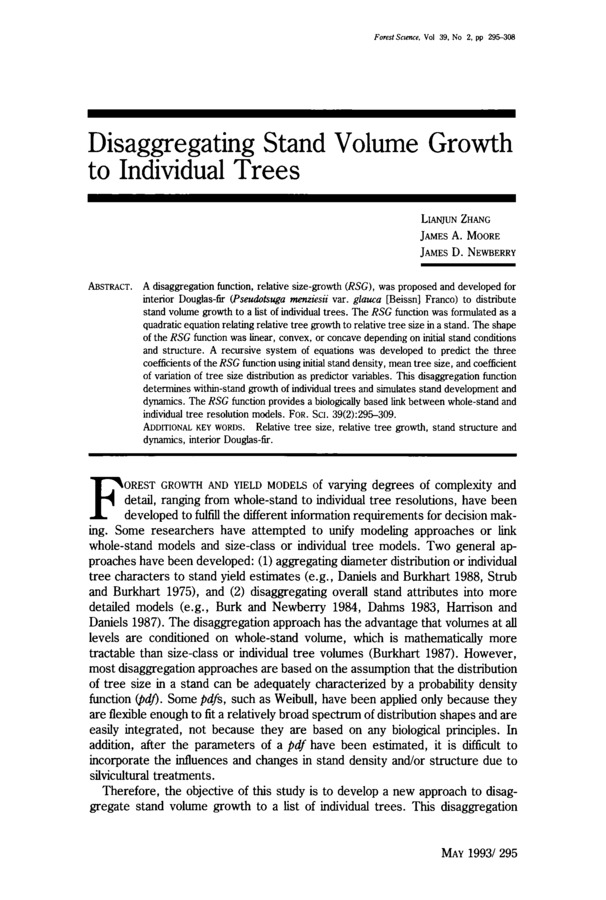 A disaggregation function, relative size-growth (RSG), was proposed and developed for interior Douglas-fir (Pseudotsuga menziesii var. glauca [Beissn] Franco) to distribute stand volume to a list of individual trees. The RSG function was formulated as a quadratic equation relating relative tree growth to relative tree size in a stand. The shape of the RSG function was linear, convex, or concave depending on initial stand conditions and structure. A recursive system of equations was developed to predict the three coefficients of the RSG function using initial stand density, mean tree size, and coefficient of variation of tree size distribution as predictor variables. This disaggregation function determines within-stand growth of individual trees and simulates stand development and dynamics. The RSG function provides a biologically based link between whole-stand and individual tree resolution models.