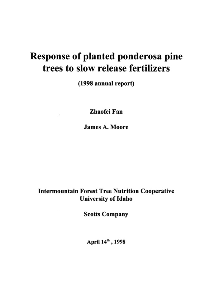 Nutrient availability has long been recognized as a limiting factor to plant growth (Luxmoore et al. 1993). In the Pacific Northwest, of the elements needed for tree growth, nitrogen is the only one that is consistently deficient in the forests of the Northwest (Cole, et al., 1992). Foliage samples collected from 90 fertilizer trials in Douglas-fir scattered across eastern Washington, northeastern Oregon, Idaho and western Montana showed nitrogen concentrations of unfertilized trees to be quite low throughout the area (Mika and Moore, 1990). Foliar analysis has also shown severe to very severe nitrogen deficiencies to be common in lodgepole pine stands throughout the interior of British Columbia (Ballard, 1986) and in many ponderosa pine (Powers et al. 1988) and true fir (Powers, 1981) stands in California and Oregon. No other nutrients have been found generally lacking over such large areas and wide range of conditions. Since early work by the College of Forestry, University of Washington, in the1950's, wide-scale testing with nitrogen has been used to develop response predictions. Currently, however, most information on application rates has been based on broadcast application of soluble nitrogen sources. Very little or no information is available on effects of slow release sources on growth of ponderosa pine, especially using a dibble technique. Therefore, the objectives of this study are:  1) to determine the optimum rate of a complete fertilizer to assure rapid tree establishment and early development during the first four years following outplanting;  2) to evaluate the effects of different nutrient release characteristics on plant performance, especially on the root system and  3) to determine correlation of nutrient concentrations from tissue analysis with nutrient application rate and seedling growth rates.  The experiment, if successful, will provide a practically economic and efficient fertilization method to ensure rapid growth and a higher nutrient uptake rates of after planting ponderosa pine.