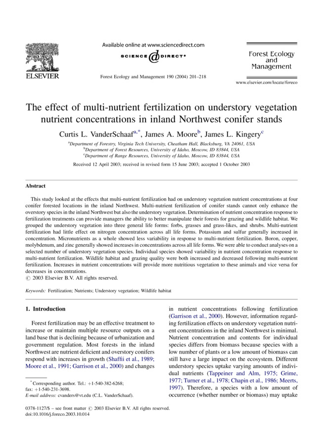 This study looked at the effects that multi-nutrient fertilization had on understory vegetation nutrient concentrations at four conifer forested locations in the inland Northwest. Multi-nutrient fertilization of conifer stands cannot only enhance the overstory species in the inland Northwest but also the understory vegetation. Determination of nutrient concentration response to fertilization treatments can provide managers the ability to better manipulate their forests for grazing and wildlife habitat. We grouped the understory vegetation into three general life forms: forbs, grasses and grass-likes, and shrubs. Multi-nutrient fertilization had little effect on nitrogen concentration across all life forms. Potassium and sulfur generally increased in concentration. Micronutrients as a whole showed less variability in response to multi-nutrient fertilization. Boron, copper, molybdenum, and zinc generally showed increases in concentrations across all life forms.We were able to conduct analyses on a selected number of understory vegetation species. Individual species showed variability in nutrient concentration response to multi-nutrient fertilization. Wildlife habitat and grazing quality were both increased and decreased following multi-nutrient fertilization. Increases in nutrient concentrations will provide more nutritious vegetation to these animals and vice versa for decreases in concentrations.