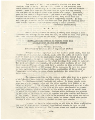 A summary of Blister Rust research being performed outside of Boville, Idaho. This piece also includes accounts of local inquiry into the project, the writer mostly poking fun at the questions asked by locals.