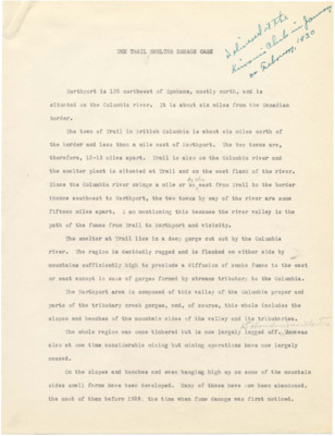 A report describing an important pollution case between the US and Canada that ended with legal reforms establishing the polluter pays principle.  This report also contains information pertaining to financial settlements made to farmers effected by pollution from the smelter.