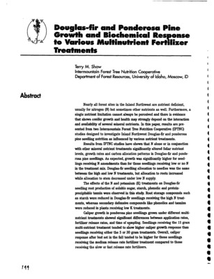 Nearly all forest sites in the Inland Northwest are nutrient deficient, usually for nitrogen (N) but sometimes other nutrients as well. Furthermore, a single nutrient limitation cannot always be perceived and there is evidence that shows conifer growth and health may strongly depend on the interaction and availability of several mineral nutrients. In this paper, results are presented from two Intermountain Forest Tree Nutrition Cooperative (IFTNC) studies designed to investigate Inland Northwest Douglas-fir and ponderosa pine seedling nutrition as inftuenced by various nutrient treatments.  Results from IFTNC studies have shown that N alone or in conjunction with other mineral nutrient treatments significantly altered foliar nutrient levels, growth rates and carbon allocation patterns in Douglas-fir and ponderosa pine seedlings. As expected, growth was significantly higher for seedlings receiving N amendments than for those seedlings receiving low or no N in the treatment mix. Douglas-fir seedling allocation to needles was the same between the high and low N treatments, but allocation to roots increased while allocation to stem decreased under low N supply.  The effects of the N and potassium (K) treatments on Douglas-fir seedling root production of soluble sugar, starch, phenolic and protein-precipitable tannin were observed in this study. Root storage compounds such as starch were reduced in Douglas-fir seedlings receiving the high N treatments, whereas secondaiy defensive compounds like phenolics and tannins were reduced in plants receiving low K treatments.  Caliper growth in ponderosa pine seedlings grown under different multi-nutrient treatments showed significant differences between application rates, fertilizer release rates, and time of sampling. Seedlings receiving the 15 gram multi-nutrient treatment tended to show higher caliper growth response than seedlings receiving either the 5 or 30 gram treatments. Overall, caliper response after bud set in the fall tended to be higher for those seedlings receiving the medium release rate fertilizer treatment compared to those receiving the slow or fast release rate fertilizers.