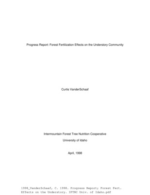 Most forest soils in the Intermountain  Northwest have nutrient deficiencies  of some kind, especially nitrogen. Overstory conifer trees respond favorably  following fertilization in the Intermountain  Northwest.  However, knowledge of fertilization  effects on understory vegetation growth in mixed-conifer  stands in the Intermountain  Northwest is minimal.  The effects of overstory density on understory vegetation response to fertilization in the Intermountain Northwest is also limited. Information about whether fertilization  of understory vegetation causes species composition. species diversity, and wildlife habitat to change through time in mixed-conifer stands in the Intermountain  Northwest is scarce. Knowledge of the long term effects of fertilization  treatments on understory vegetation characteristics in the Intermountain Northwest is lacking. Fertilization may not produce statistically significant responses in understory vegetation growth until several years after application. This study is an attempt to quantify affects a short time after application and to establish monitoring plots. The IFTNC plans to use these study areas for a long-term assessment. Understory vegetation may show more response immediately after fertilization or more response several years after fertilization.