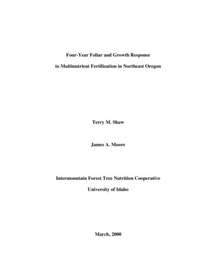 Results from this study show foliar nutrient deficiencies and multi-nutrient fertilization response for ponderosa pine, grand fir and Douglas-fir over a period of four consecutive growing seasons. Generally, through critical level or vector foliar diagnosis, N, S, B, Cu and possibly Mo were identified as being deficient for all species in this study. Additionally, Douglas-fir on the Noregaard site showed foliar K deficiency response. Distinct foliar nutrient response patterns were observed for those "strong responding" nutrients, particularly N and B where foliar response increased, peaked then declined in magnitude relative to the control as the year since fertilization increased. Delayed nutrient response may have been to spring fertilizer application not having manifested itself in time to show strong nutrient response one growing season after fertilization.  Similar to foliar nutrient response, foliar needle weight growth increased, peaked then declined in magnitude relative to the control as the year since fertilization increased. Additionally, needle weight response was delayed due to spring fertilization. Needle weight response was significant for ponderosa pine and Douglas-fir but not for grand fir.  Overall, four-year cubic foot volume response was significantly higher on the multi-nutrient treatment than the controls, with relative gross cubic foot volume response for both sites combined showing a 26.9% increase. Individual site response revealed that much of the combined relative cubic foot volume response was expressed on the Clear Creek site, which showed a 34% increase over the controls while the Noregaard site only showed a 3.9% increase. Periodic relative gross basal area response for both sites combined was greater in the first two-year period (26.9%) than the second two-year period (11.1%). Periodic relative basal area response for the Clear Creek unit was 32% the first two-year period and 23% the second two-year period while the Noregaard site response was 18.6% the first period and -6.5% the second.