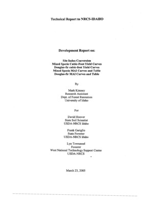 The current collection and dissemination of ESI forest plot information regarding Psuedotsuga menziesii var. glauca in north Idaho relies entirely on a method developed by P.H. Cochran. The incorporation ofthe Cochran method was introduced to NRCS Idaho from NRCS Oregon with Technical Note 190-VI.  Development of yield and site index curves by Cochran was based entirely on forest stands located on the eastslopes ofthe Cascade Range and Blue Mountains ofeastern Oregon/southeast Washington. Cochran's proposed site index and yield curves were well developed and suited for the forested landscapes used in his modeling efforts.  However, forest stands ofnorth Idaho and northwestern Montana are often dissimilar to their counterparts ofthe Cascades and Blue Mountains. This dissimilarity will inherently create significant predicted site index and yield error when using the Cochran method in north Idaho. Furthermore, there were very few Cochran research plots established on cedarlhemlock habitat types. Consequently, volume and site index estimates generated by the Cochran method will not reflect north Idaho productivity on these more climax habitat types.  Several USDA-USFS research projects specifically developed site index and yield curves for north Idaho. Research papers INT-347 (R.A. Monserud, 1985) and INT-394 (A. Stage et aI., 1988) address these topics. Forest stands used to develop these models were located north from Grangeville to Porthill, Idaho and east to Libby, Montana.  Most private and state forest management entities ofnorth Idaho utilize the Stage and Monserud models for reporting yield and site index. This creates a communication breakdown between the NRCS and other forest management entities. Standardization of yield and site index reports by the NRCS is needed not only to prevent this from occurring, but also to improve rotation estimates, carbon sequestration estimates, and other natural resource interpretations. Bringing the data up to consistent and accurate standards would improve the usability and acceptance of the NRCS Idaho soil survey product.