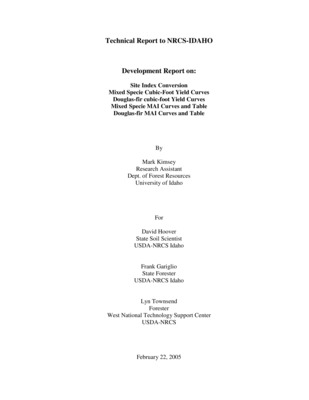 The collection and dissemination of ESI forest plot information regarding Psuedotsuga menziesii var. glauca in north Idaho relies entirely on a method developed by P. H. Cochran. The incorporation of the Cochran method was introduced to NRCS Idaho from NRCS Oregon with Technical Note 190-VI.  Development of yield and site index curves by Cochran was based entirely on forest stands located on the east slopes of the Cascade Range and Blue Mountains of eastern Oregon / southeast Washington. Cochran's proposed site index and yield curves were well developed and suited for the forested landscapes used in his modeling efforts.  However, forest stands of north Idaho and northwestern Montana are often dissimilar to their counterparts of the Cascades and Blue Mountains. This dissimilarity will inherently create significant predicted site index and yield error when using the Cochran method in north Idaho.  Several USDA-USFS research projects specifically developed site index and yield curves for north Idaho. Research papers INT-347 (R.A. Monserud, 1985) and INT-394 (A. Stage et al., 1988) address these topics. Forest stands used to develop these models were located north from Grangeville to Porthill, Idaho and east to Libby, Montana.  Most private and state forest management entities of north Idaho utilize the Stage and Monserud models for reporting yield and site index. This creates a communication breakdown between the NRCS and other forest management entities. Standardization of yield and site index reports by the NRCS is needed not only to prevent this from occurring, but also to improve rotation estimates, carbon sequestration estimates, and other naturals resource interpretations. Bringing the data up to consistent and accurate standards would improve the usability and acceptance of the NRCS Idaho soil survey product.