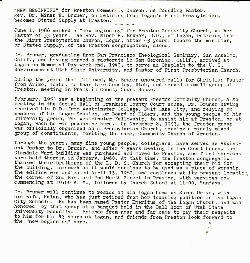 Retirement article for Miner Bruner, June 1, 1986.  Retired from being Pastor of First Presbyterian Church of Logan, to becoming minister or stated supply, of the Preston Congregation, alone.