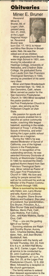 Obituary for Miner E. Bruner; Herald Journal, A8. October, 2002