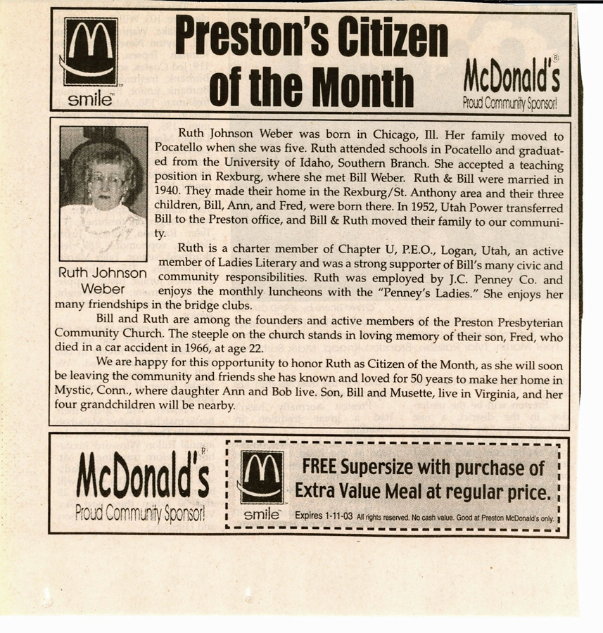Preston Citizen Ad:  Mcdonald's Citizen of the Month, Ruth Weber, January, 2003