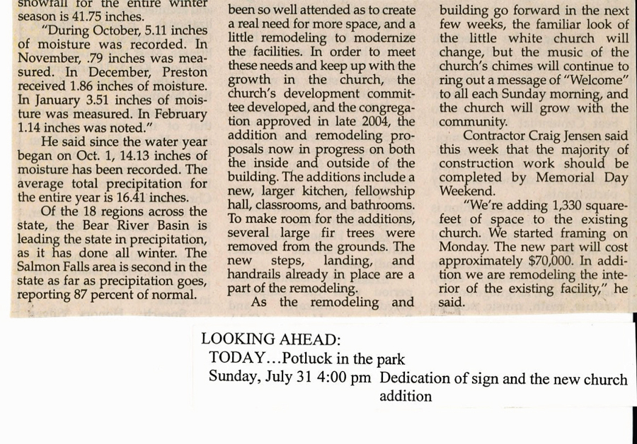 Newspaper article, "Presbyterian Church prepares for growth of community," Expansion of building, article and picture.  Preston Citizen, April 6, 2005