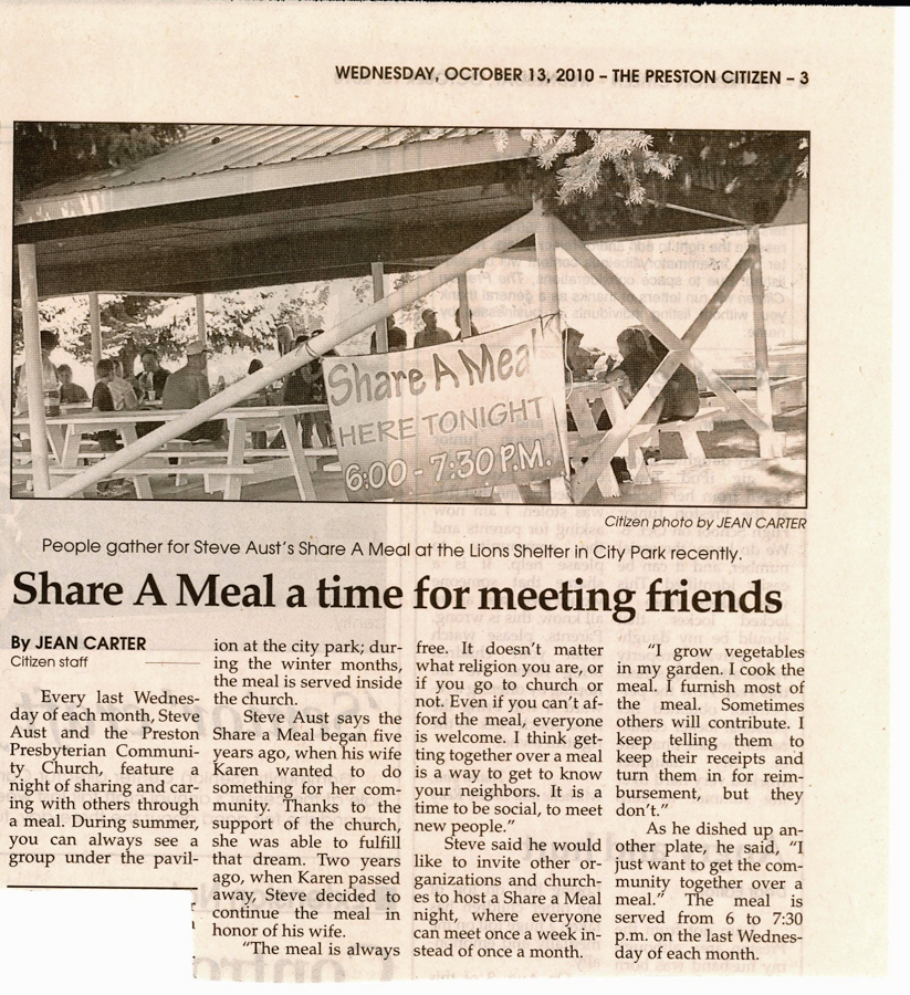 Newspaper article, Preston Citizen, October 13, 2010.  "Share a Meal a time for meeting friends," by Jean Carter.  Article and picture.