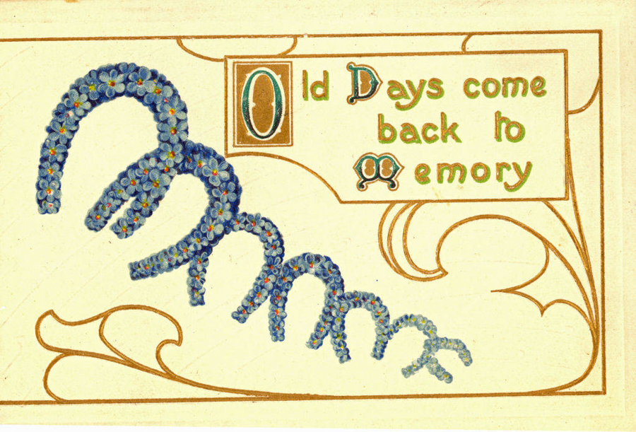 A decorative illustration features swirling patterns made of small blue flowers. There is a rectangular section containing the text "Old Days come back to memory," with decorative lettering. The word "memory" is partially obscured by an illustration of eyeglasses.