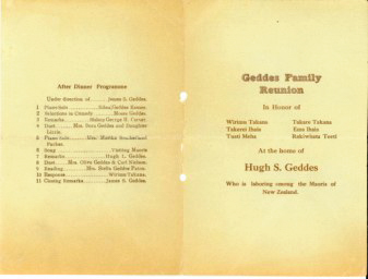 Family Reunion Program (outside) where several Maoris were invited, undated, while Hugh S. Geddes was on a mission