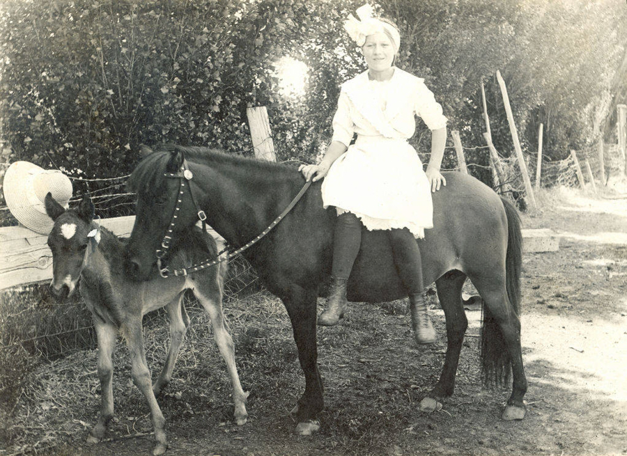 A girl wearing a dress and boots sits on a horse in a rural setting. There is a foal standing next to the horse. A wide-brimmed hat is resting on a fence in the background, with trees and more fencing visible.