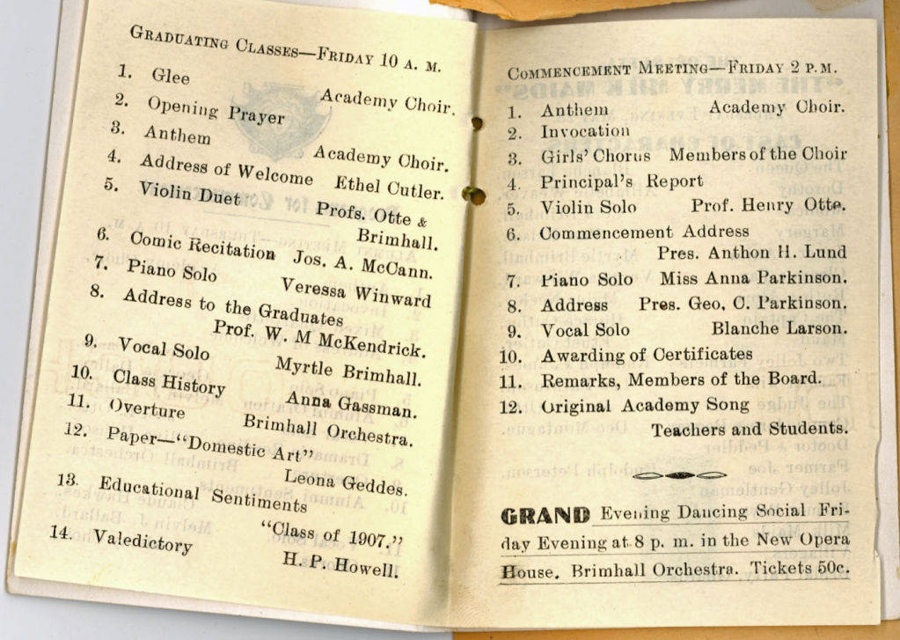 A program listing events for a graduation class ceremony and commencement meeting. The left side outlines events at 10 a.m., including performances by the Academy Choir, a violin duet by Professors Otte and Brimhall, and a valedictory by H.P. Howell. The right side details a 2 p.m. meeting with an anthem by the Academy Choir, a commencement address by Pres. Anthon H. Lund, and an original Academy song by teachers and students. At the bottom, there is a notice for a Grand Evening Dancing Social with the Brimhall Orchestra, tickets priced at 50 cents.