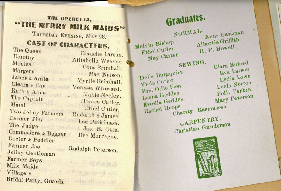 A page listing the cast of characters for an operetta titled "The Merry Milk Maids" performed on Thursday evening, May 23. The cast includes roles such as The Queen played by Blanche Larson, Dorothy by Alliabell Weaver, and the Captain by Horace Cutler, among others. On the right, there is a list of graduates divided into categories: "NORMAL," "SEWING," and "CARPENTRY." Notable names include Melvin Bishop, Anna Gassman, Della Burquist, and Christian Gunderson. There is a decorative green stamp at the bottom of the page.