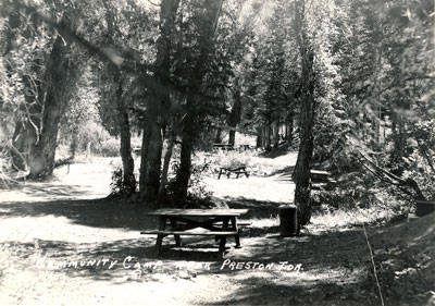 Several picnic tables are placed in a wooded area surrounded by tall trees. There is an open space with sunlight filtering through the leaves, creating patches of light and shadow on the ground. The text "Community Camp, Preston, Idaho" is written in the foreground.