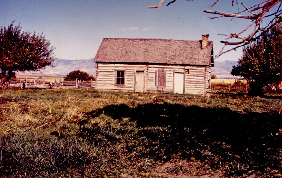 A log cabin with a chimney is situated in an open field surrounded by grass and a few trees. In the background, mountains are visible. There are wooden fences near the cabin.