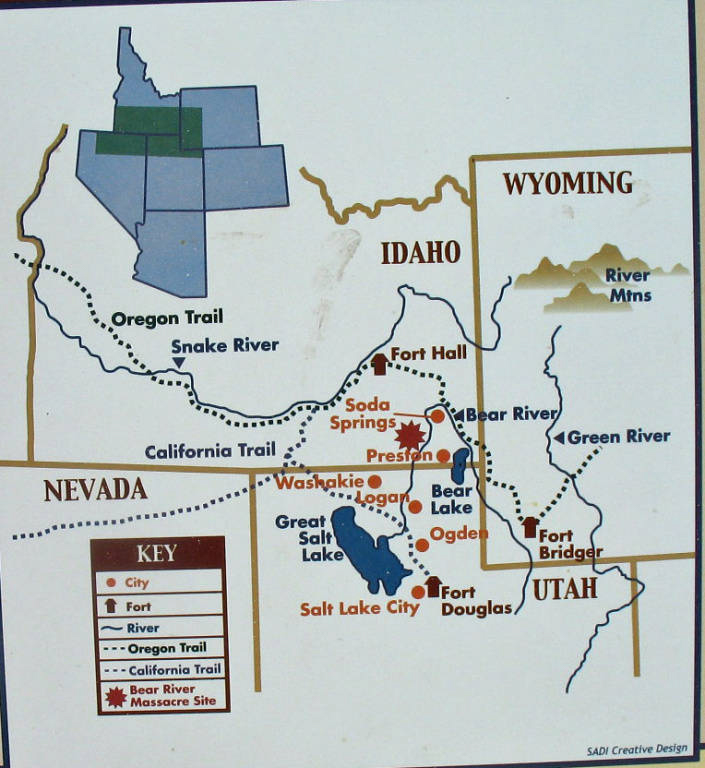A map showing parts of Idaho, Wyoming, Utah, and Nevada with major trails and rivers. The Oregon Trail and California Trail are marked with dashed lines. Cities such as Soda Springs, Preston, and Salt Lake City are indicated with circles. Forts like Fort Hall and Fort Bridger are also labeled. The Bear River is highlighted, and the Bear River Massacre Site is marked with a special symbol. A key explains the symbols used for cities, forts, rivers, trails, and the massacre site.