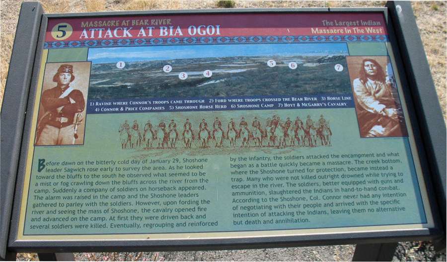 A historical marker titled "Attack at Bia Ogoi" with the subtitle "Massacre at Bear River" and "The Largest Indian Massacre in the West." It includes a landscape illustration with numbered labels identifying significant locations: 1) Ravine where Connor's troops came through 2) Ford where troops crossed the Bear River 3) Horse line 4) Connor & Price companies 5) Shoshone horse herd 6) Shoshone camp 7) Hoyt & McGarry's cavalry. On the left, there is an image of a historical figure in uniform, and on the right, a seated figure. Below the images, there is a detailed narrative describing the events of January 29, involving Shoshone leader Sagwitch and the ensuing battle.