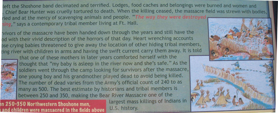 Text describing the aftermath of a massacre involving the Northwestern Shoshone, mentioning the decimation and terror faced by the tribe, the torture of Chief Bear Hunter, and the burning of lodges. It recounts stories of survival passed down through generations, including mothers with children suffering through horrors. Two images depict scenes related to the massacre, one showing people fleeing amid chaos and the other showing tepees near a river. The text states the death count varies, with estimates calling it one of the largest mass killings of Native Americans in U.S. history.