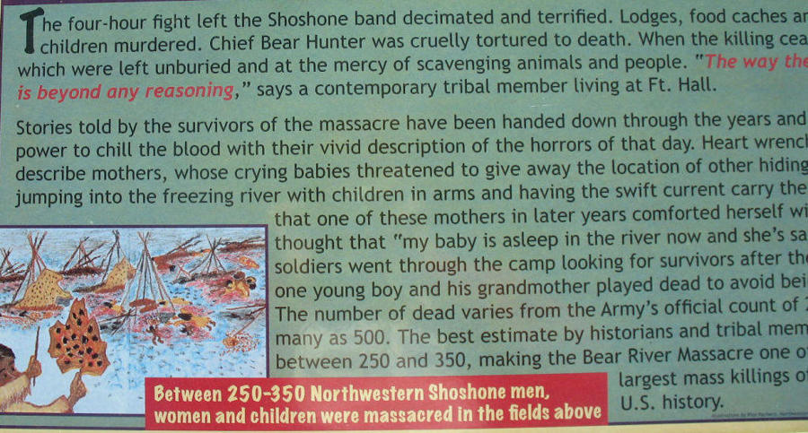 A text describes the aftermath of a violent conflict involving the Shoshone band, leading to many being killed. Details include lodges and food caches destroyed, and Chief Bear Hunter being tortured to death. It highlights the chilling stories of survivors, particularly mothers jumping into a river with their children to escape. The number of dead varies, but estimates suggest between 250-350 Northwestern Shoshone were massacred. An illustration depicts scenes with tipis and people involved in the conflict. Red text notes this as one of the largest mass killings in U.S. history.