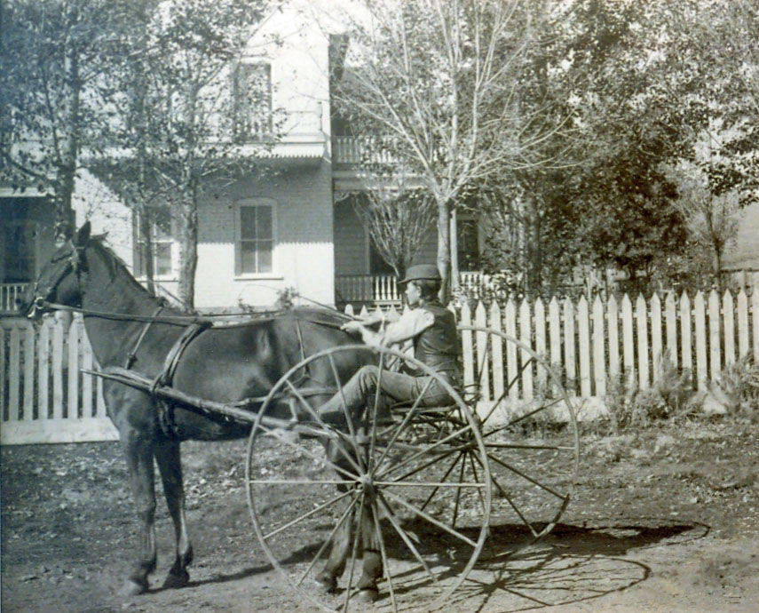 A person is sitting in a horse-drawn carriage in front of a house with a picket fence. The house has a porch and several windows, surrounded by trees without leaves. The person is wearing a hat and appears to be holding the reins of the horse.