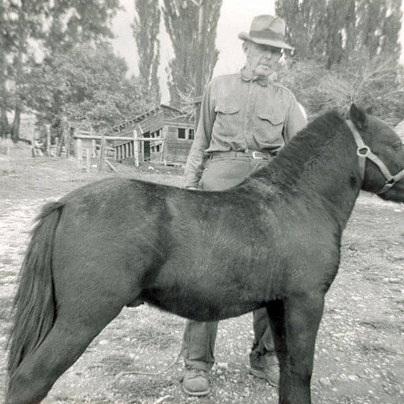 An older man wearing a hat and a belted shirt with two breast pockets stands next to a small horse or pony. They are outdoors, with trees and a wooden structure visible in the background.